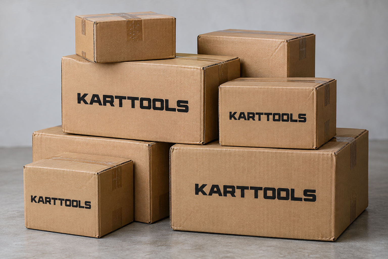 Staplade wellpapppaket med KARTTOOLS-loggan tryckt i svart.